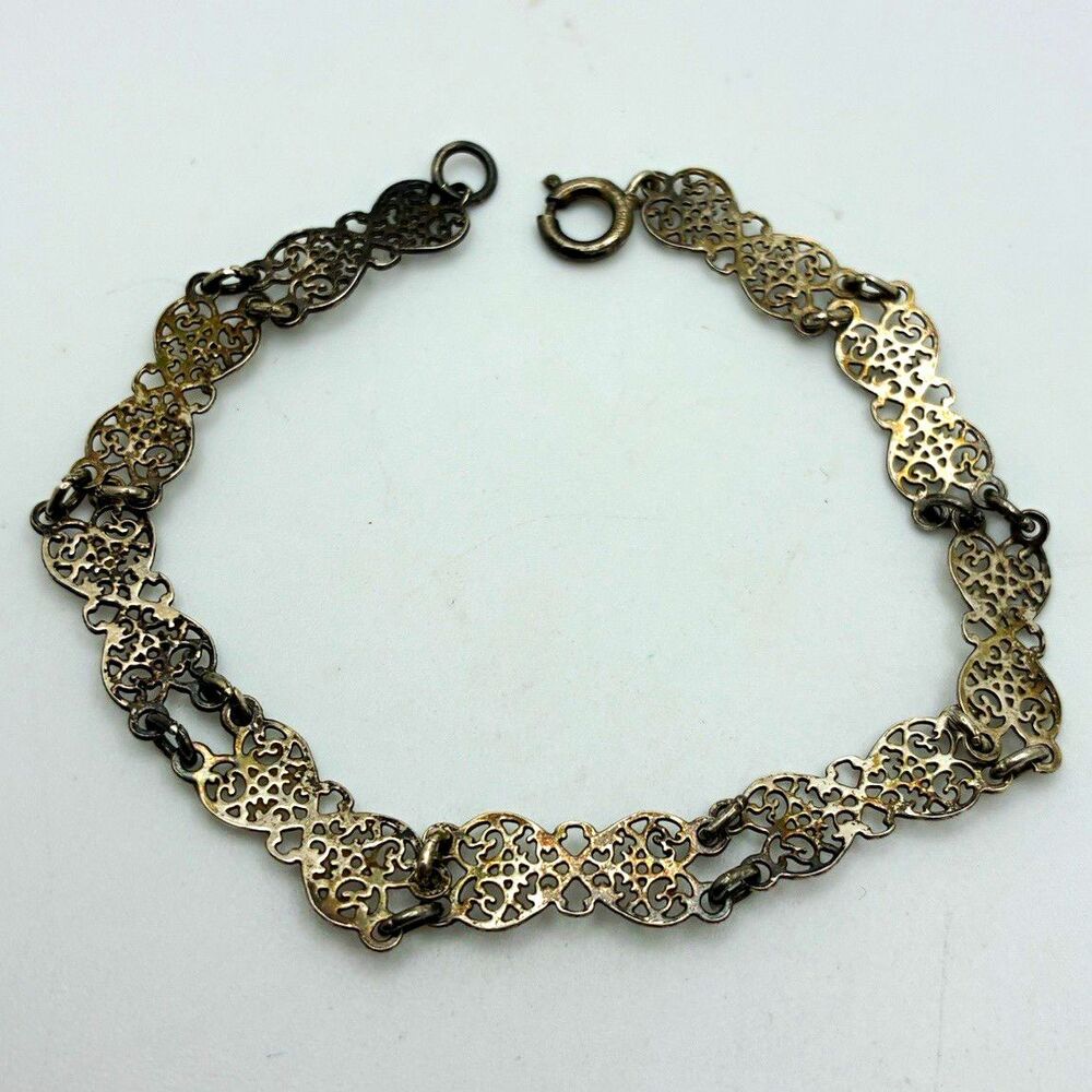 Sterling Silver Filigree Link Bracelet Ornate Floral Scrollwork 7” VTG Dainty